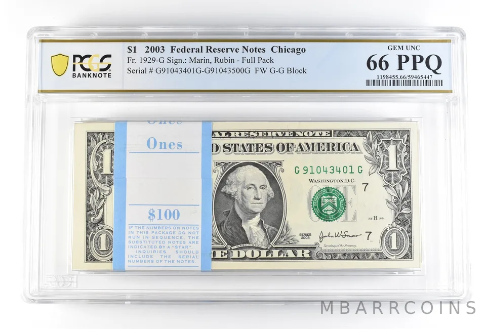 (100) 2003 $1 Chicago IL FRN Fr#1929-G Full Pack Gem Unc 66 PPQ PCGS *0196