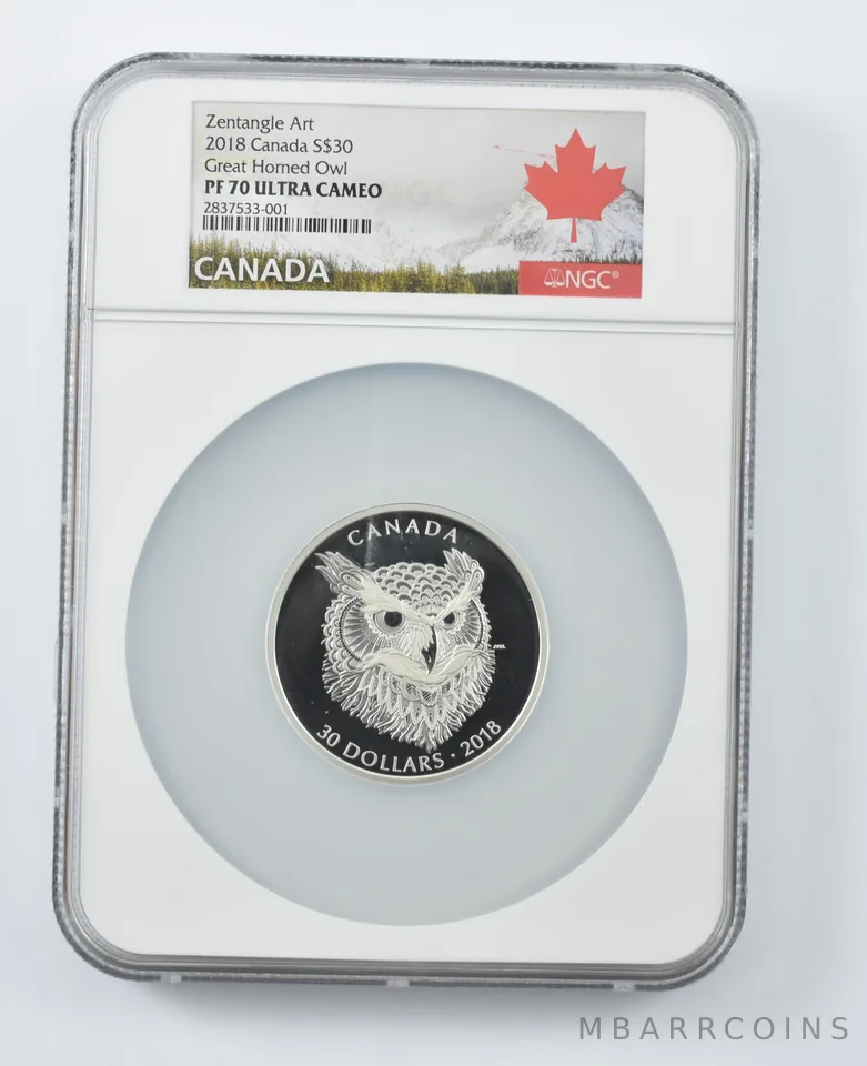 2018 Canada 30 Dollars Silver Zentangle Art Great Horned Owl PF70 UCAM NGC a2264