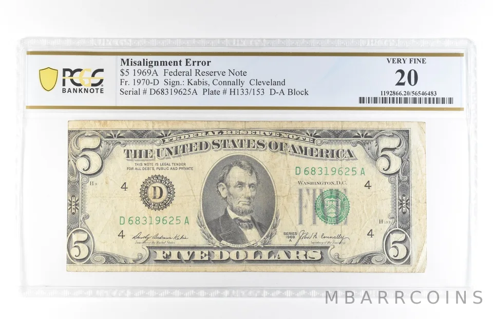 1969 A $5 Cleveland OH FRN Misalignment Error Fr#1970-D Very Fine 20 PCGS *5816