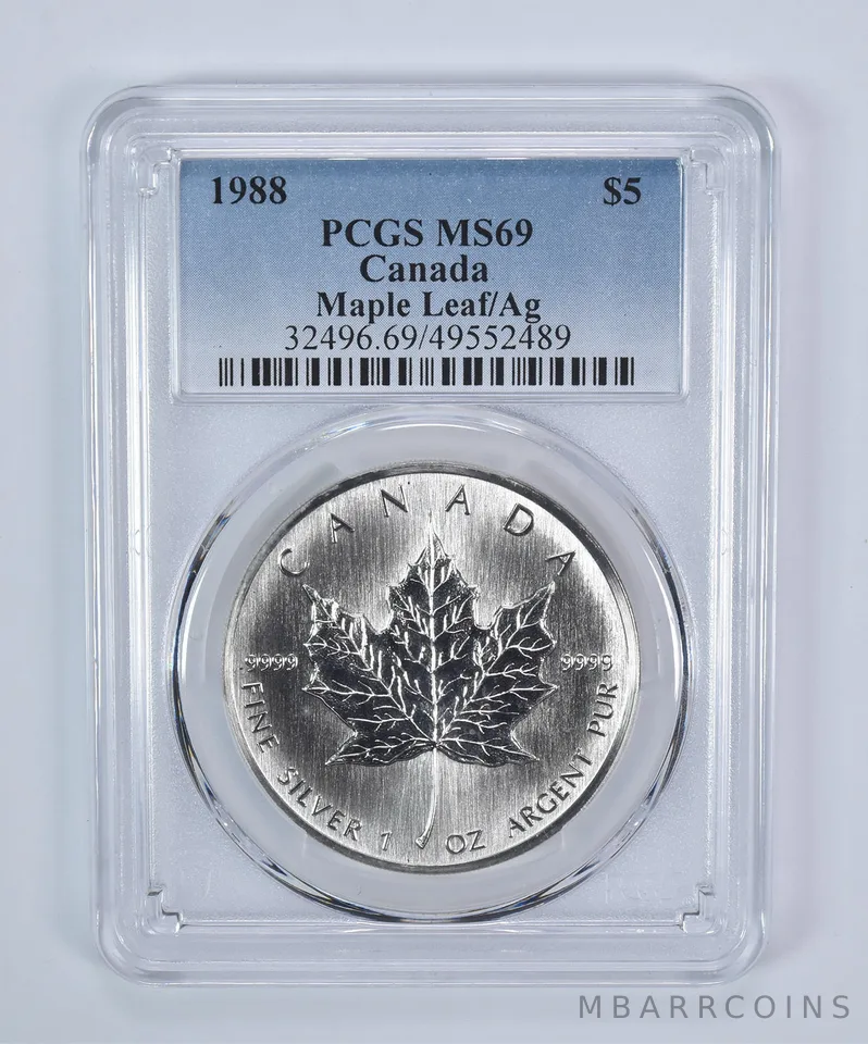 1988 Canada 5 Dollars Silver Maple Leaf MS69 PCGS Blue Label