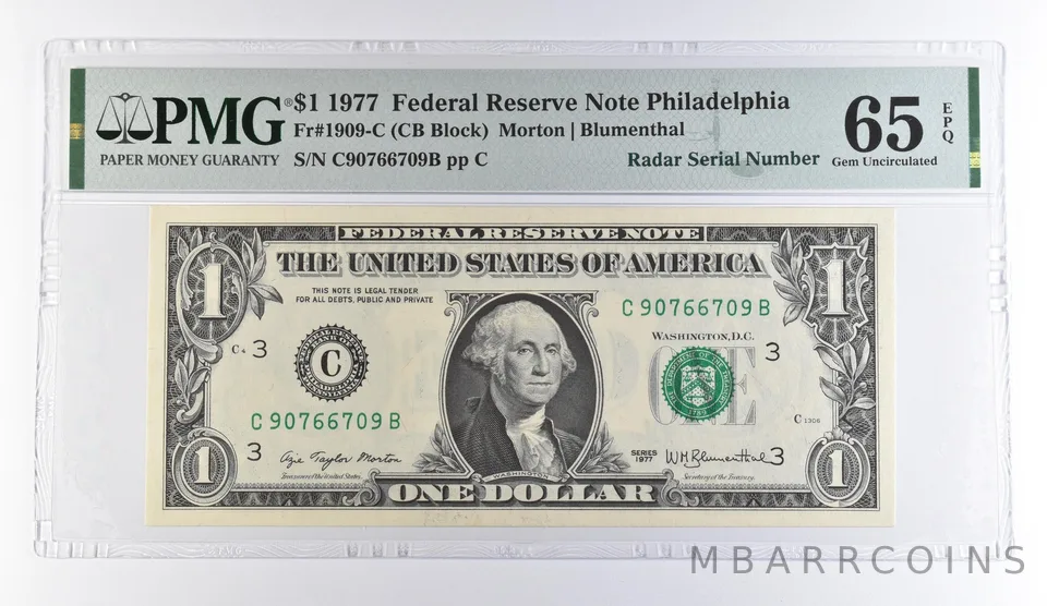 1977 $1 Philadelphia PA FRN Radar S/N Fr#1909-C Gem Unc 65 EPQ PMG *9513