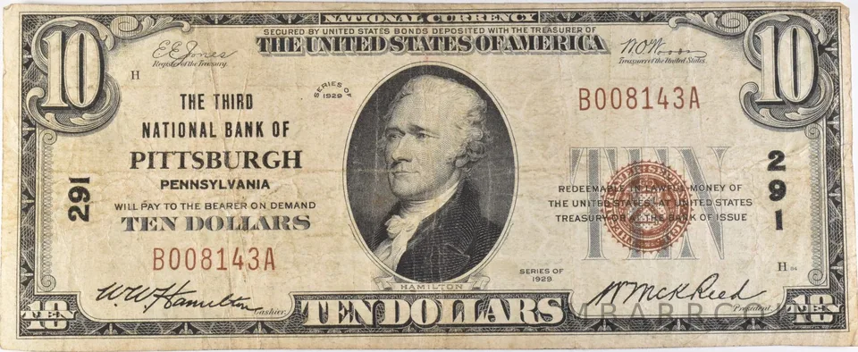 1929 $10 Pittsburgh PA National Currency Note Ch#291 *9619