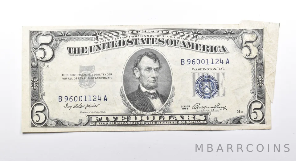 1953 $5 United States Silver Certificate CUT ERROR a0844