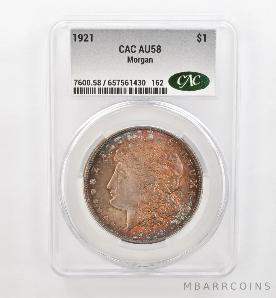 1921 Morgan Silver Dollar AU58 CAC CACg Beautiful Tone *0487