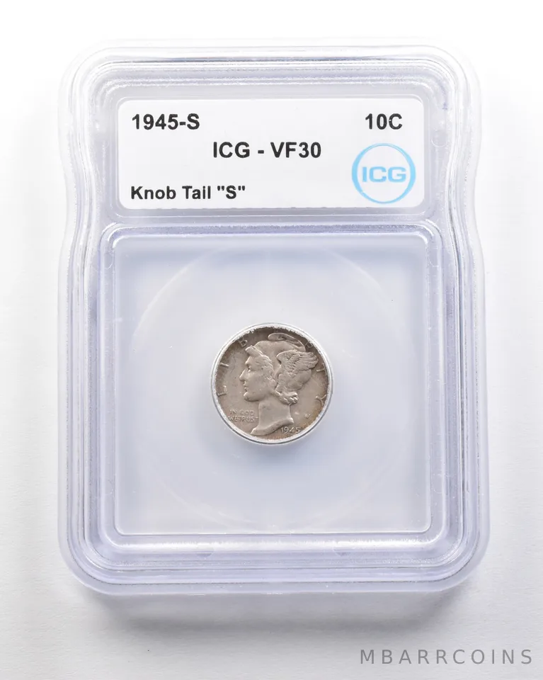 1945-S Mercury Dime Mint Error Knob Tail "S" VF30 ICG *1724