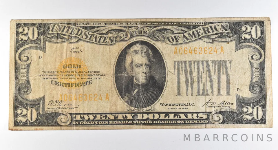 1928 $20 Gold Certificate Yellow Seal *8261