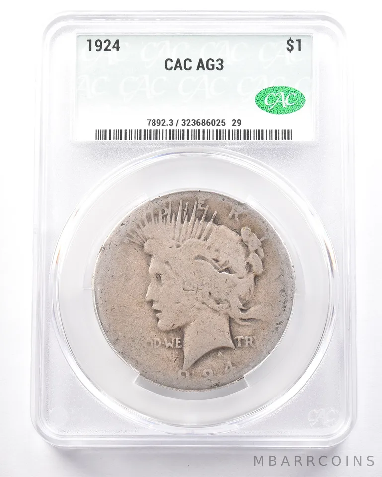 1924 Peace Silver Dollar AG3 CAC Lowball *7267
