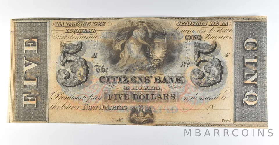 1800s $5 New Orleans LA Citizens Bank Obsolete Note *8333