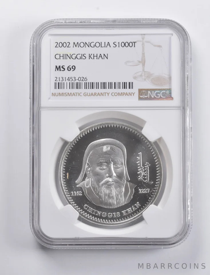 MS69 2002 Mongolia 1000 Tugrik Silver Chinggis Khan NGC a4815