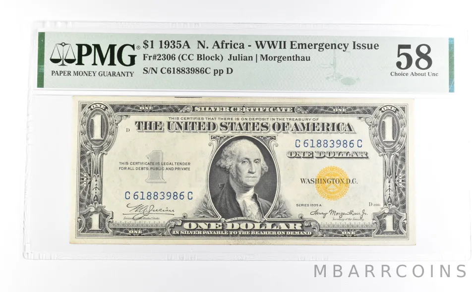 PMG 58 AU 1935 A $1 North Africa WWII Emergency Issue Yellow Seal Fr#2306 *1111