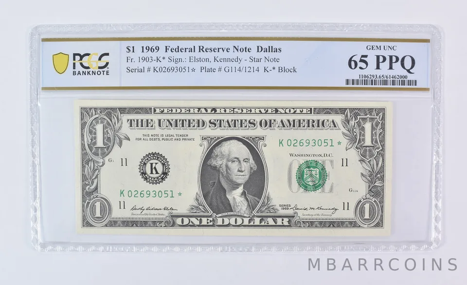 1969 $1 Dallas TX FRN Star Note Fr#1903-K* Gem Unc 65 PPQ PCGS