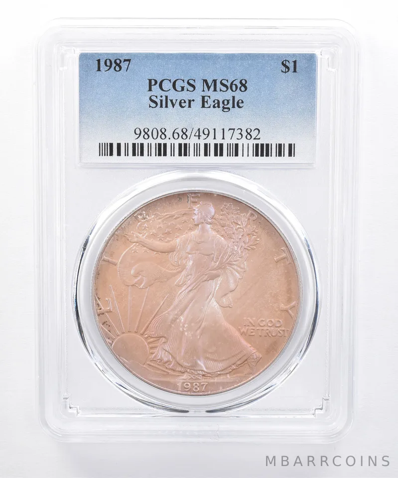 1987 American Silver Eagle MS68 PCGS Purple/Pink Tone *8499