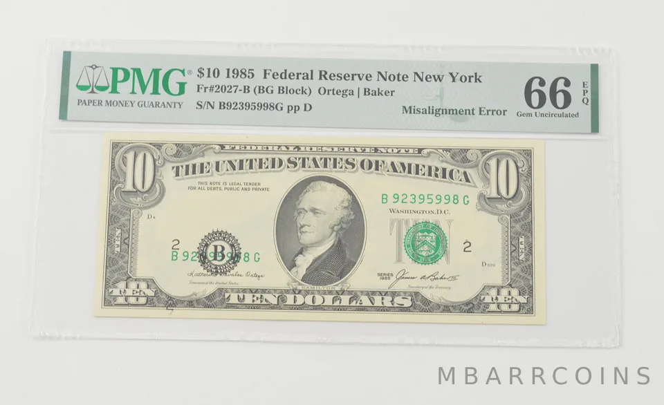Gem UNC 66 EPQ 1985 $10 FRN NY - FR#2027-B Misalignment Error - PMG a6576