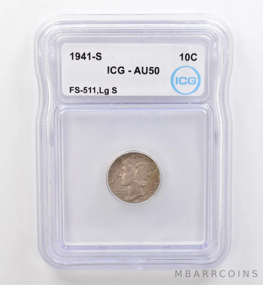 1941-S Mercury Dime FS-511 Large S AU50 ICG Beautiful Tone *9127