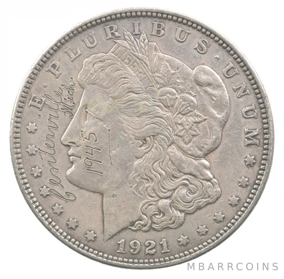 1921 Morgan Silver Dollar Centerville Michigan WWII Love Token 1945 *6390