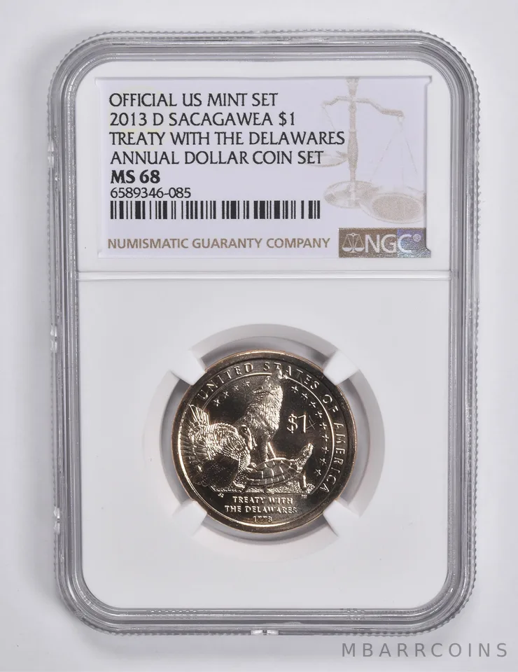 2013-D Sacagawea $1 Delaware Treaty Annual Dollar MS68 NGC Brwn Lbl