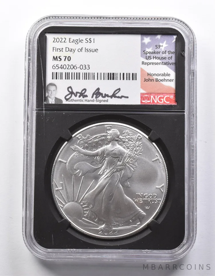 MS70 2022 American Silver Eagle FDOI John Boehner Signed NGC a8644