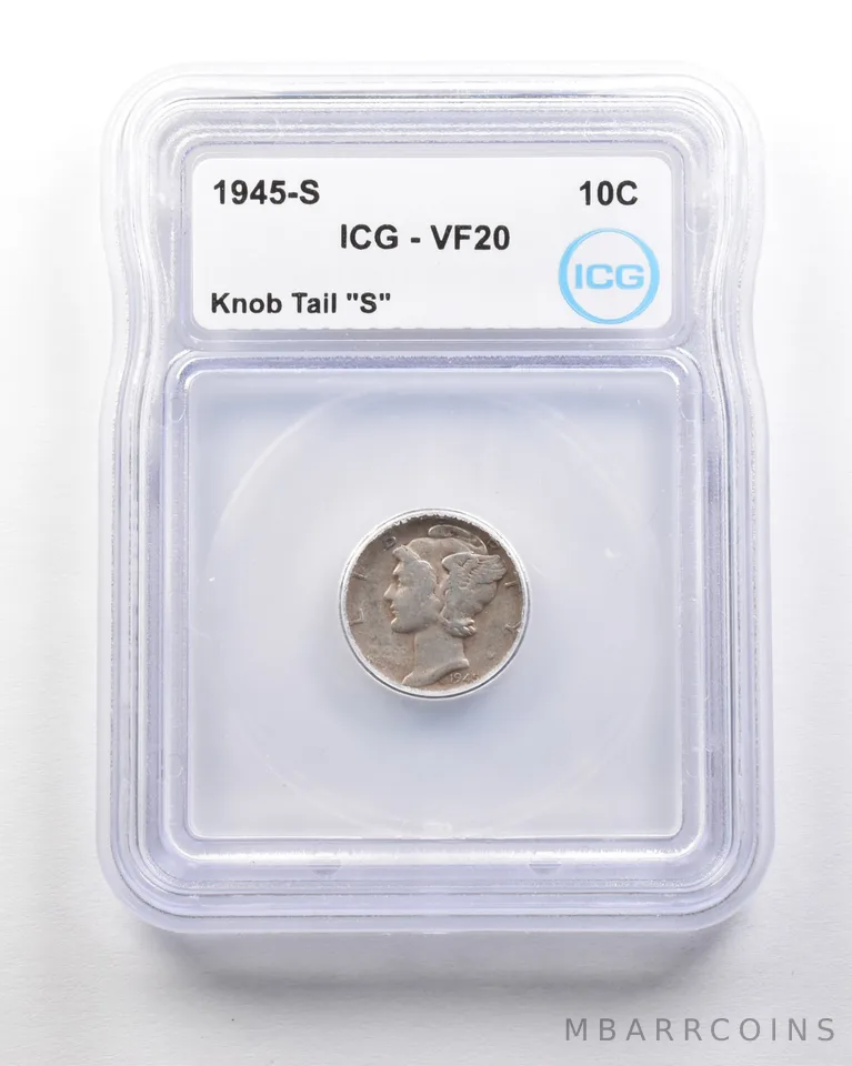 1945-S Mercury Dime Mint Error Knob Tail "S" VF20 ICG *1721