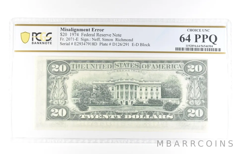 1974 $20 Richmond VA FRN Misalignment Error Fr#2071-E Unc 64 PPQ PCGS *5798