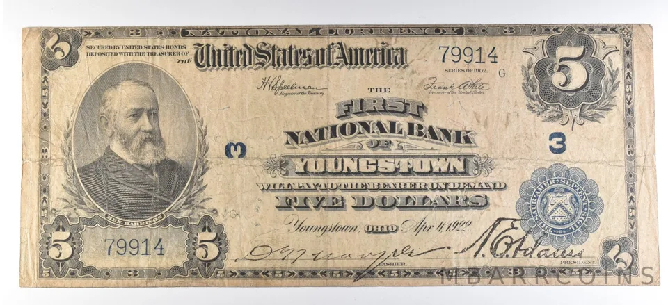 1902 $5 National Currency Note Youngstown OH Ch#3 Large Note a5631