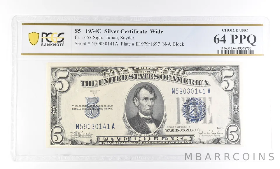 1934 C $5 Silver Certificate Wide Fr#1653 Choice Unc 64 PPQ PCGS a2780