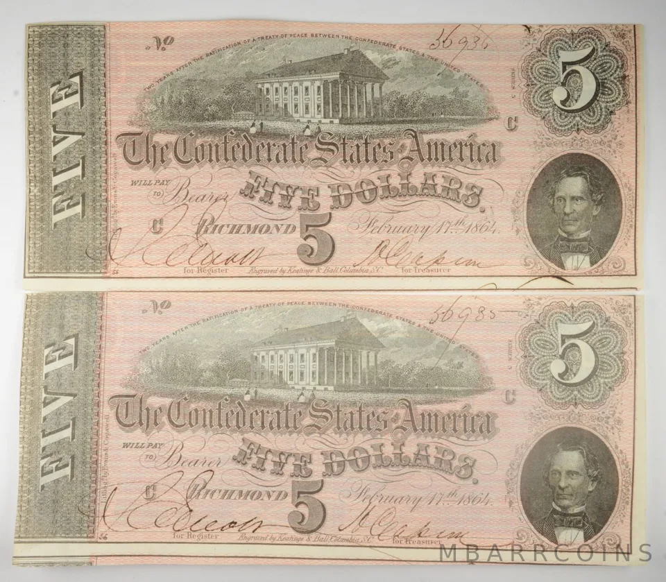 Lot (2) 1864 $5 Confederate States Of America Large Consecutive Notes a1119
