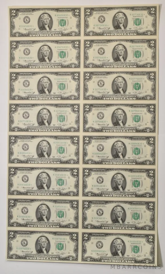 Lot (16) 1976 $2 Dallas TX FRN Star Note Green Seal Uncut Sheet Star *5916