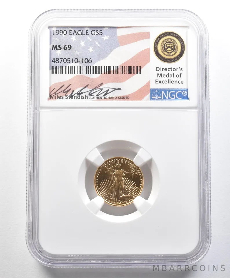 1990 $5 American Gold Eagle Standish Medal Of Excellence 1/10 Oz MS69 NGC a8967