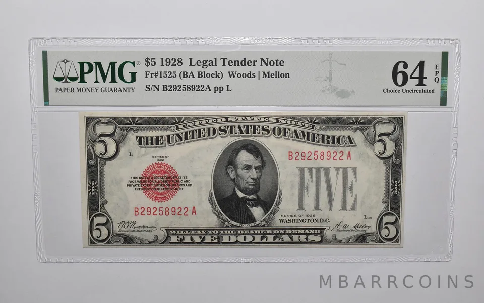 PMG 64 EPQ $5 1928 US Legal Tender Note FR#1525 (BA Block) Red Seal a4722