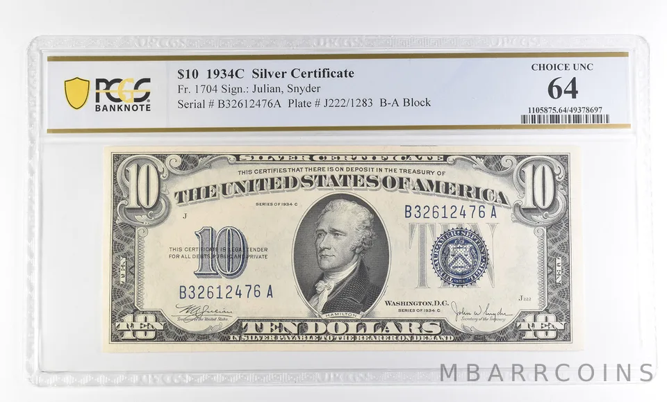 1934 C $10 Silver Certificate Fr#1704 Choice Unc 64 PCGS a2827