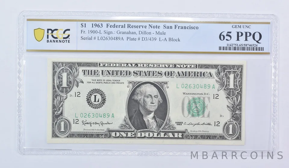 1963 $1 San Francisco CA FRN Mule Fr#1900-L Gem Unc 65 PPQ PCGS