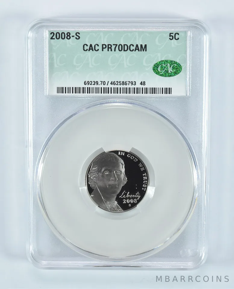 2008-S Jefferson Nickel PR70 DCAM CAC CACg