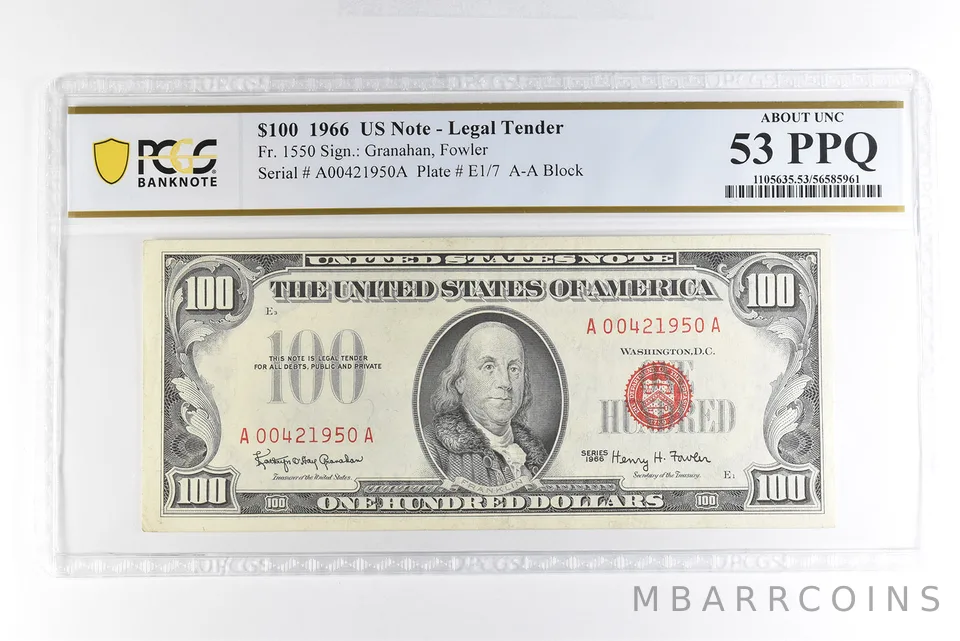 1966 $100 US Legal Tender Note Fr#1550 About Unc 53 PPQ PCGS *4983