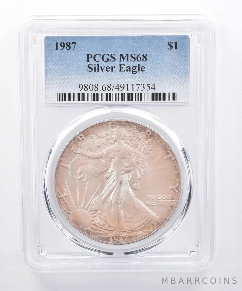 1987 American Silver Eagle MS68 PCGS Pearlescent Tone *8455