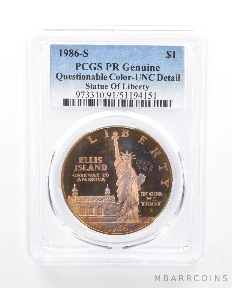 1986-S Statue Of Liberty Commemorative Dollar PCGS Rainbow Toned Genuine *5332