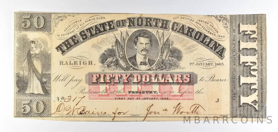 1863 $50 State Of North Carolina Obsolete Note *8748