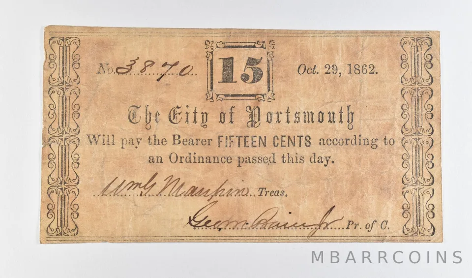 1862 15 Cents City Of Portsmouth Obsolete Note *8900