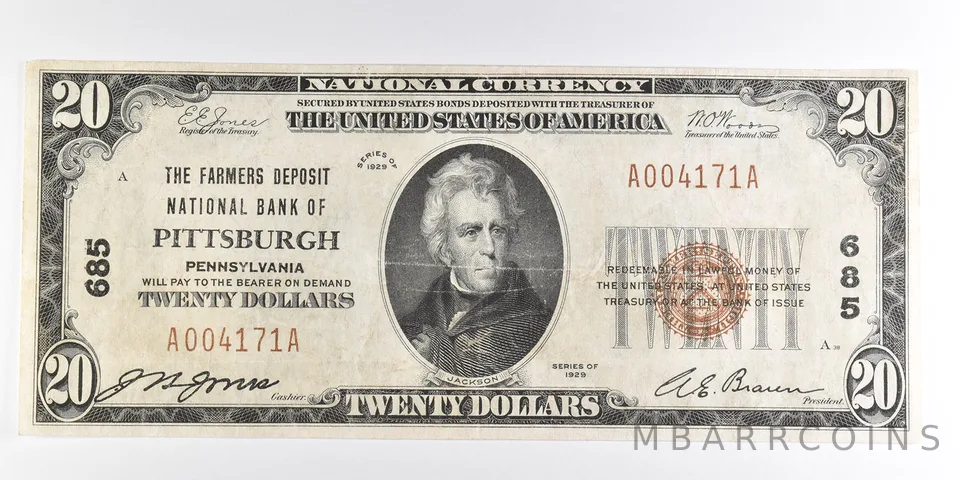 1929 $20 Pittsburgh PA National Currency Note CH 685 *9857