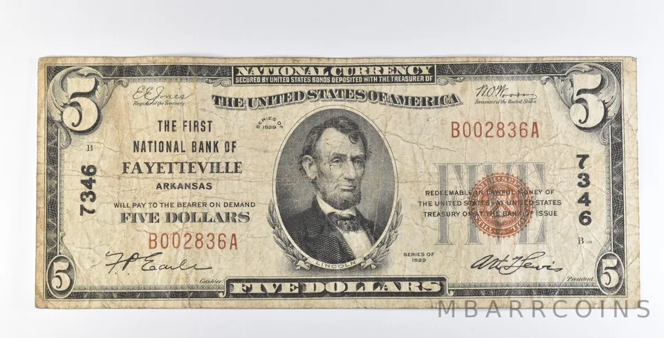 1929 $5 Fayetteville AR National Currency Ch#7346 Brown Seal a1189