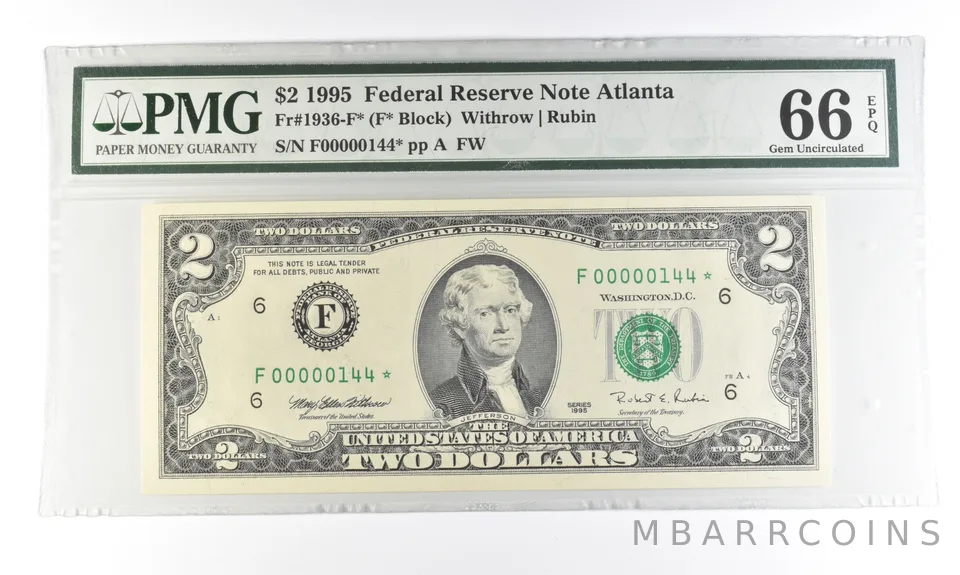 1995 $2 Atlanta GA FRN Fr#1936-F* Star Error Gem Unc 66 EPQ PMG Low Serial a5460