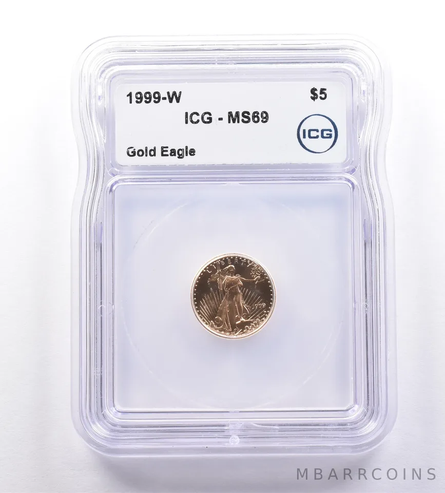 1999-W $5 American Gold Eagle 1/10 Oz Gold MS69 ICG Unfinished Die *9208
