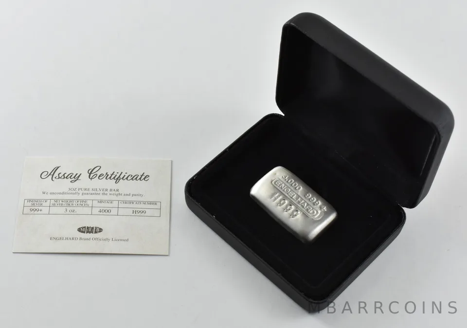 3 Oz Silver Bar Engelhard W/ Box & COA 999 Serial *5034