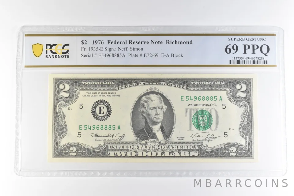 1976 $2 Richmond VA FRN Fr#1935-E Superb Gem Unc 69 PPQ PCGS *0653