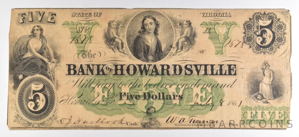 1861 $5 Bank Note Virginia Bank Of Howardsville Large Note N *5573