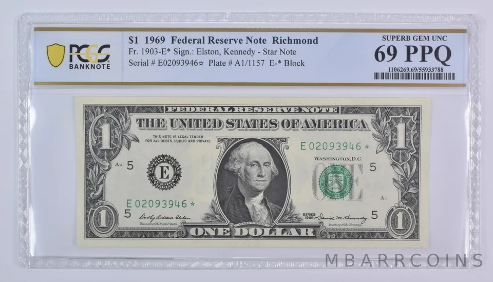 1969 $1 Richmond VA FRN Star Note Fr#1903-E* Superb Gem Unc 69 PPQ PCGS