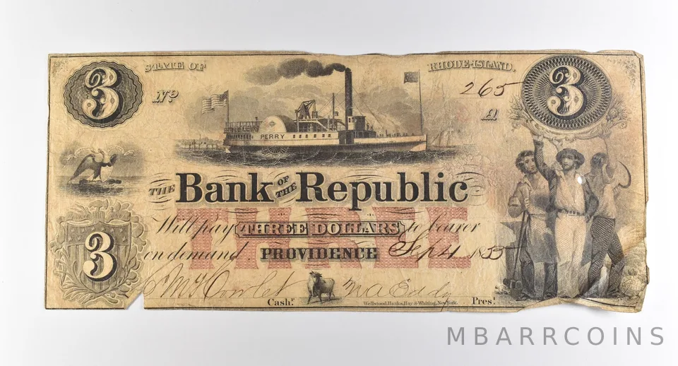 1855 $3 Providence RI Bank Of The Republic Obsolete Note *3775