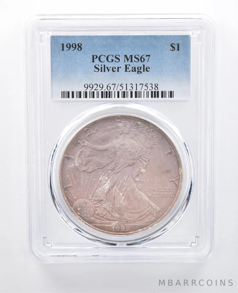 1998 American Silver Eagle MS67 PCGS Pink/Purple Tone *8140