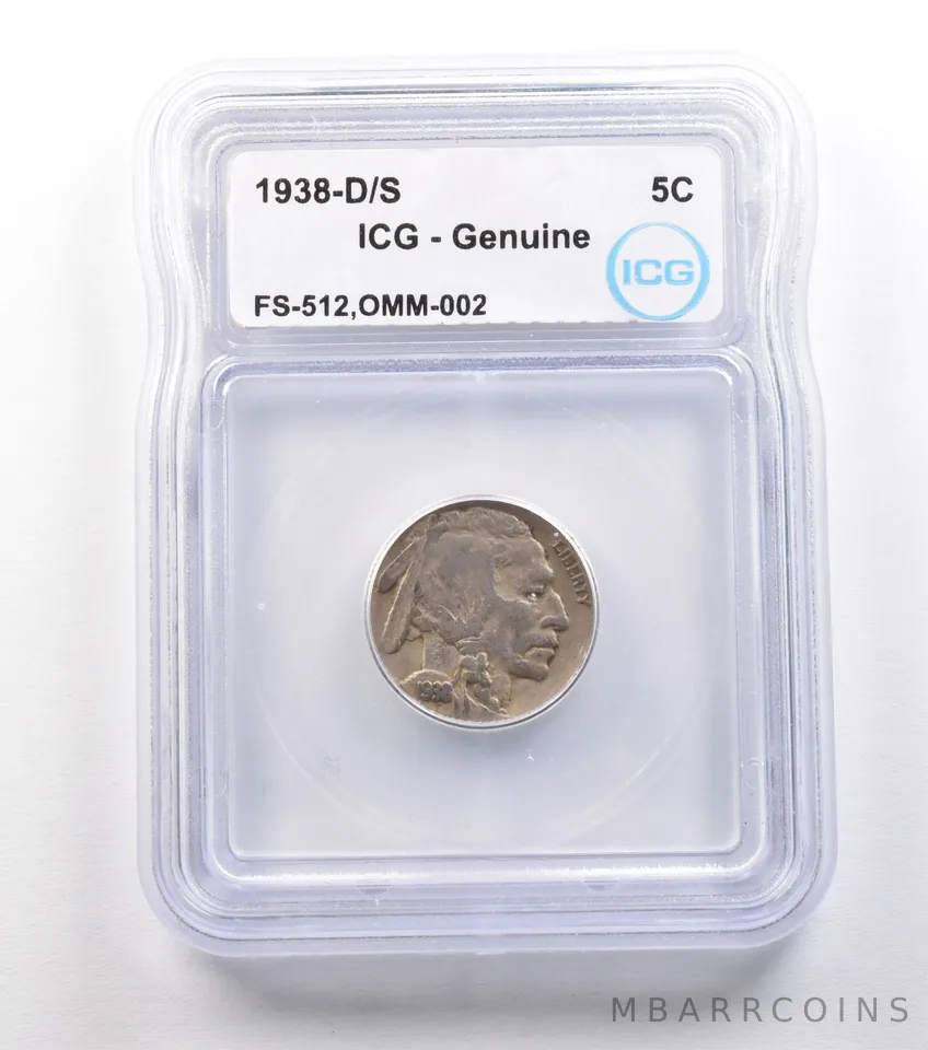1938-D/S Indian Head Buffalo Nickel FS-512 OMM-002 Genuine ICG *1509