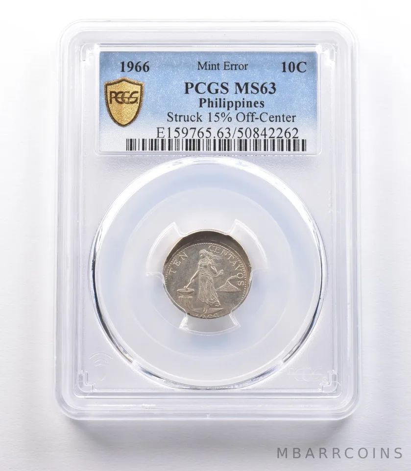 1966 Philippines 10 Cents Mint Error Struck 15% Off-Center MS63 PCGS a9792