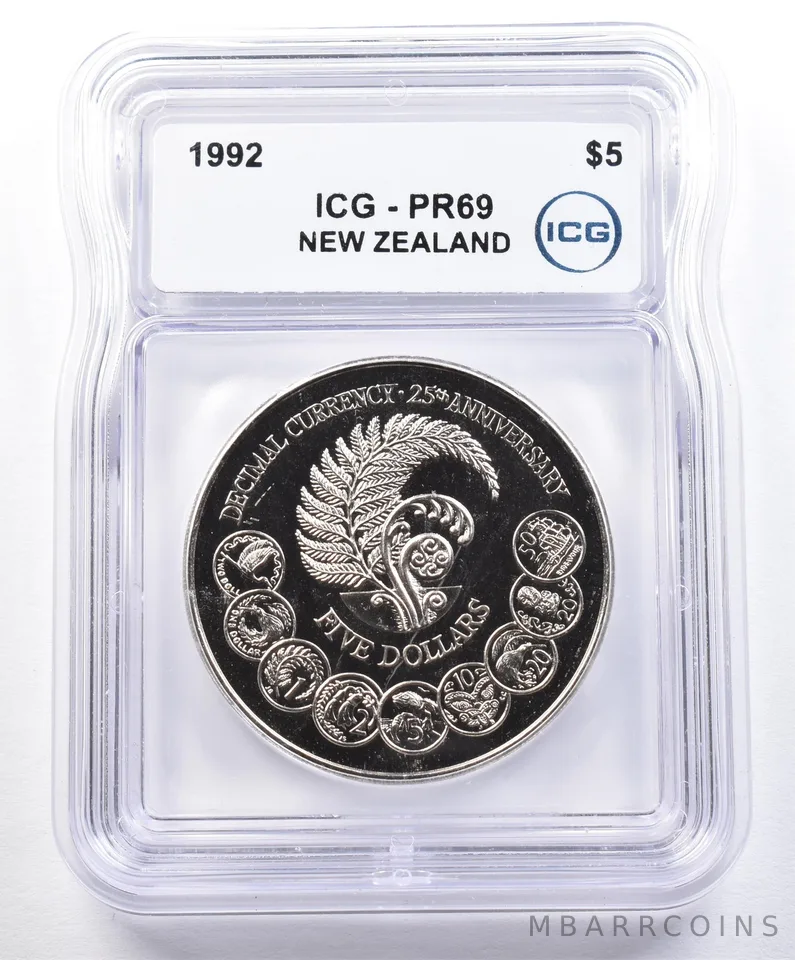 1992 New Zealand 5 Dollars Decimal Currency 25th Anniversary PR69 ICG *1602